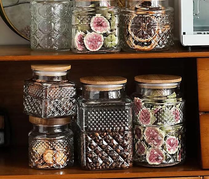 Large Glass Storage Jar, 60 FL OZ Glass Food Storage Containers with Bamboo Lid, Kitchen Containers Cereal Canisters Decorative Jar for Candy Snack Cookies Coffee Tea Nuts Airtight Glass Jars (Square)-Ruum Studio Home