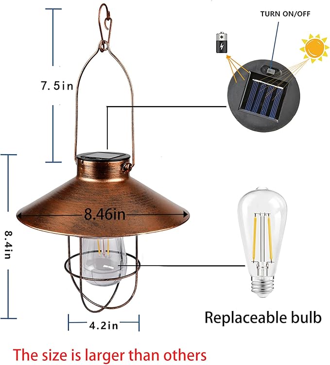 pearlstar Solar Lantern Outdoor Hanging Light Metal Farmhouse Solar Lamp with Warm White Edison Bulb Design for Garden Yard Patio Porch Decor (Brushed Copper)-Ruum Studio Home