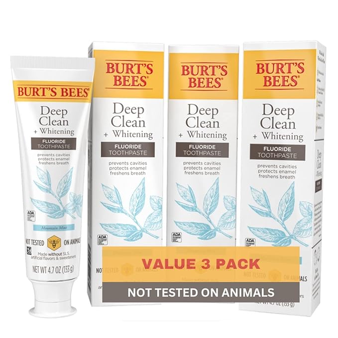 Burt's Bees Toothpaste, Natural Flavor, Fluoride Toothpaste Deep Clean + Whitening, Mountain Mint, 4.7 oz each , (Pack of 3)-Ruum Studio Home