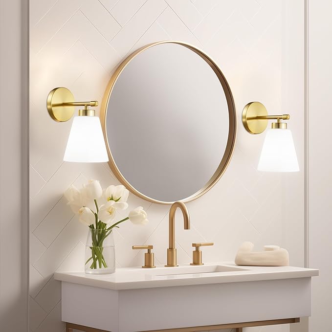 Hamilyeah Gold Sconces Wall Lighting Set of Two with Frosted Glass Shade, Industrial Bathroom Lighting Fixture with Milk Shade, Modern Brass Vanity Sconce Lighting for Bedroom, Living Room-Ruum Studio Home