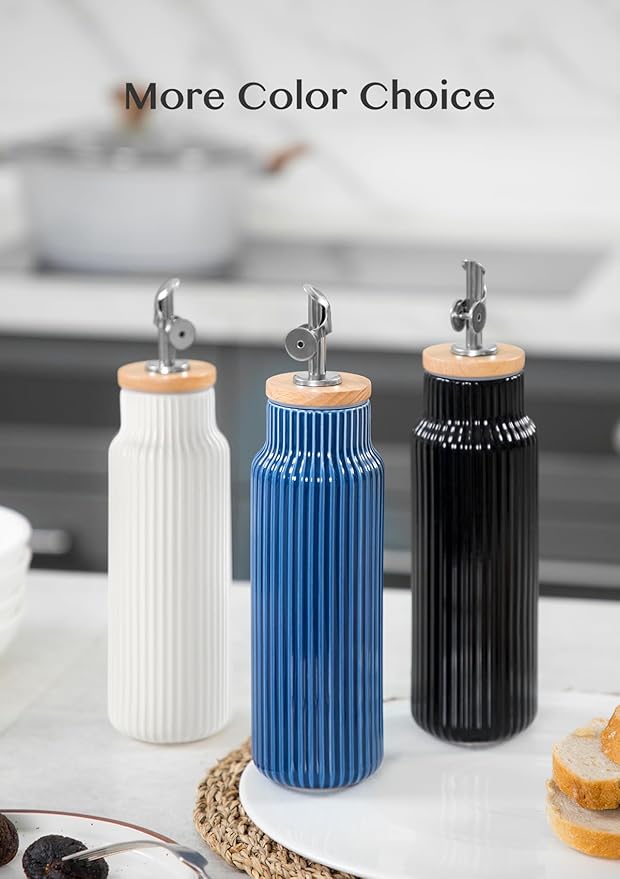 Nucookery Ceramic Olive Oil Dispenser Bottle for Kitchen, 14 oz Opaque Vinegar Dispenser Bottle, Large Capacity Cooking Oil Container for Storage Vinegar, Soy Sauce, Coffee Syrup, Blue-Ruum Studio Home