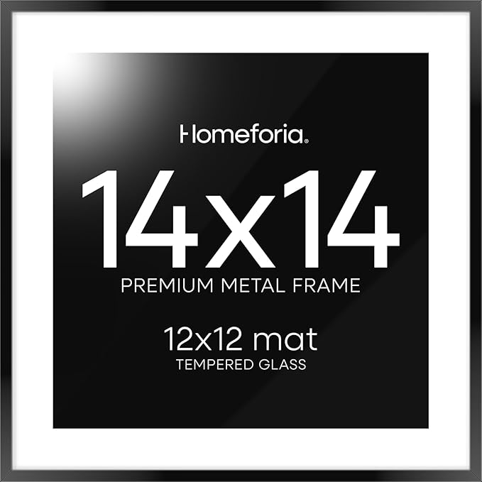 Homeforia 14x14 Picture Frame Black, High End Metal 14 x 14 Square Poster Frames with Mat 12 x 12 Photo, 14x14 Black Frame Matted to 12x12 Print, 14by14 Thin Frames, Tempered Glass, Wall Kit, Set of 1-Ruum Studio Home