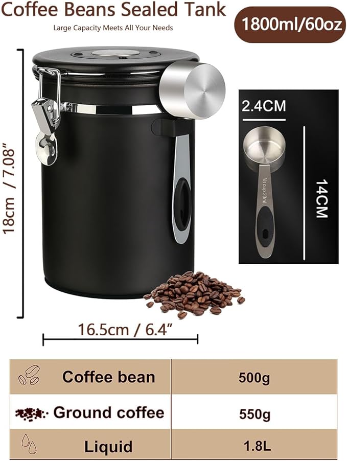 Coffee Canister Airtight Coffee Storage Container Stainless Steel Air Tight Coffee Jar with Scoop, Date Tracker and CO2 Release Valve for Beans, Ground, Tea, Flour, Cereal and Sugar (2pcs-Black-1.8L)-Ruum Studio Home