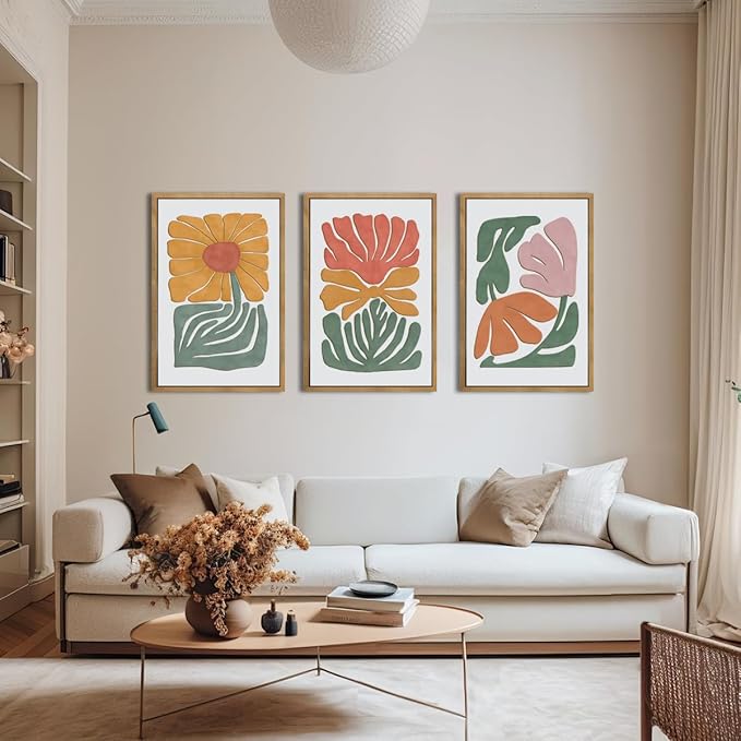 Large Abstract Boho Floral Wall Art Set Colorful Botanical Wood Wall Decor Modern Mid Century Artwork Neutral Bohemian Art Decor for Living Room Bedroom Office-16x24Inch x3-Ruum Studio Home