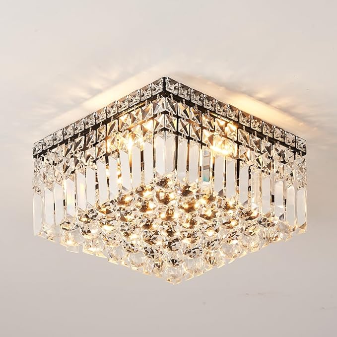 4-Light Black Crystal Chandeliers Flush Mount Chandelier Light Fixture with K9 Crystals Modern Ceiling Lights Elegant Square Lamp for Bedroom,Hallway,Bar,Living Room,Dining Room,H5.9 xW13.7-Ruum Studio Home