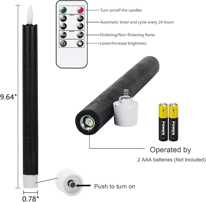 GenSwin Flameless Black Taper Candles Flickering with 10-Key Remote, Battery Operated Led Warm 3D Wick Light Window Candles Real Wax Pack of 6, Christmas Home Wedding Decor(0.78 X 9.64 Inch)-Ruum Studio Home