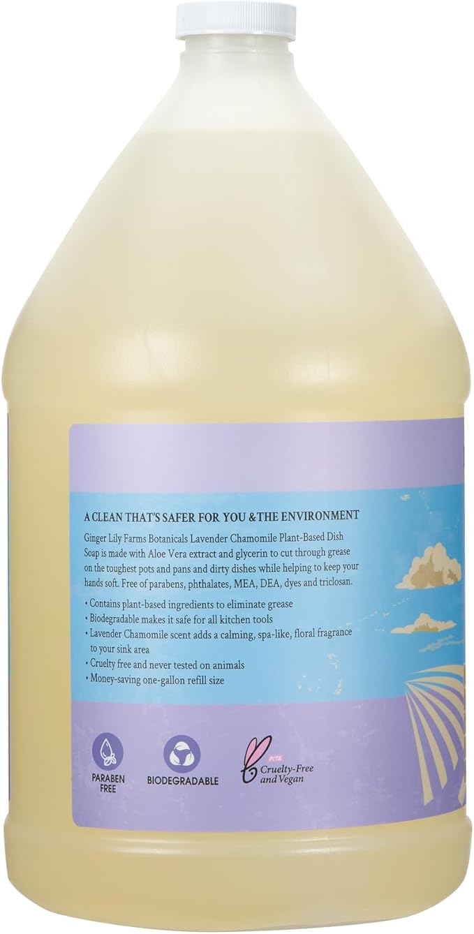 Ginger Lily Farms Botanicals Plant-Based Liquid Dish Soap, Concentrated Formula with Max Grease Cleaning Power, Cruelty-Free, Lavender Chamomile Scent, 1 Gallon Refill (128 Fl. Oz.)-Ruum Studio Home