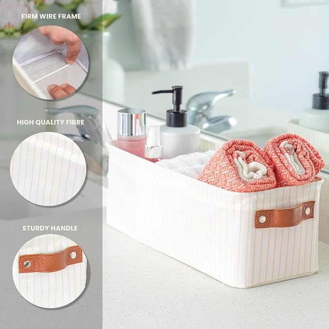 OrganiHaus Narrow Storage Bins 15x06in, Small Closet Bins for Shelves, Bathroom Storage Baskets, Narrow Baskets, Fabric Organizer with Handles, Toilet Paper Organizer - 2 Pack, White w/Brown Stripes-Ruum Studio Home