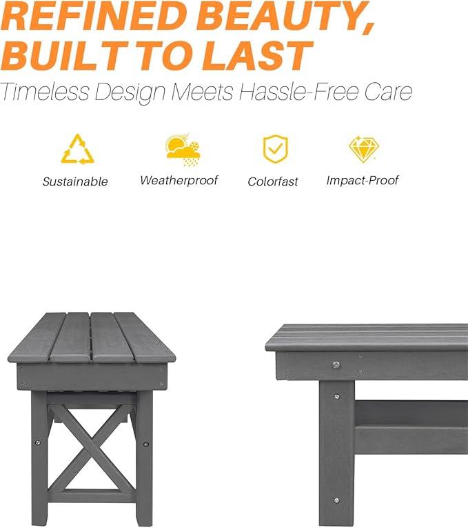 HDPE Outdoor Bench, 55" Patio Bench Outdoor Furniture, Poly Lumber Adirondack Benches, Fade-Resistant HDPE Garden Backless Benches for Park, Poolside, Porch, Smoke Gray-Ruum Studio Home