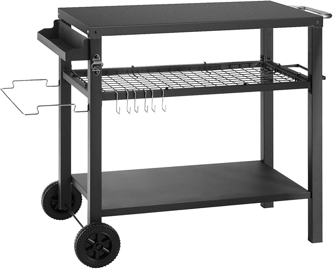 Dining Cart Table with Three Shelf, Movable Outdoor BBQ Grill Pizza Oven Stand with Three Hooks, Kitchen Cart Island Multifunctional Food Prep Table for Inside and Outside (Black)-Ruum Studio Home