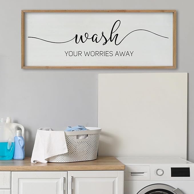 SRSZHIYUE Wash Your Worries Away Bathroom Sign Wall Art 40"x15" Funny Restroom Toilet Large Wood Framed Hanging Decor (Wood)-Ruum Studio Home