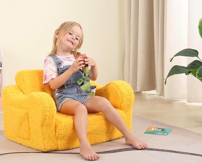 Kids Chairs for Toddler, 2-in-1 Toddler Soft Sherpa Couch Fold Out, Convertible Sofa to Lounger for Girls and Boys, Halloween Decor, Yellow-Ruum Studio Home