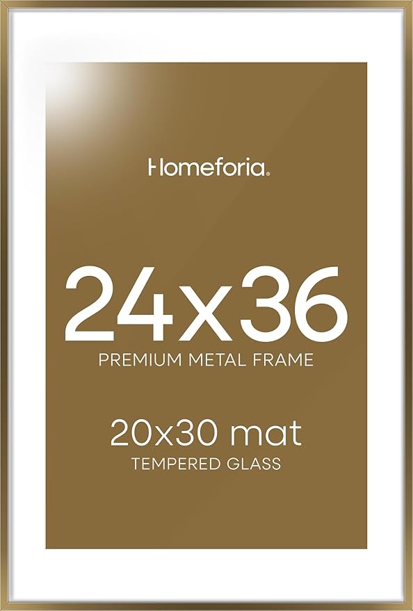 Homeforia 24x36 Picture Frame Bronze, High End Metal 24 x 36 Large Poster Frames with Mat 20 by 30 Photo, 24x36 Brass Frame Matted to 20x30 Print, 36x24 Thin Frames, Tempered Glass, Wall Kit, Set of 1-Ruum Studio Home