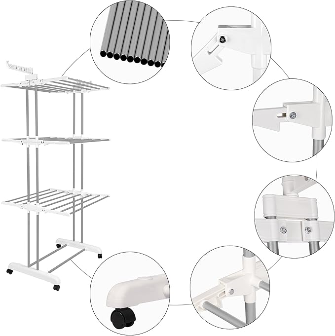 Bigzzia Clothes Drying Rack, Folding Stainless Steel Drying Rack Clothing Indoor Outdoor, Space-Saving, 4 Tier Laundry Drying Rack with Two Side Wings -Grey White-Ruum Studio Home