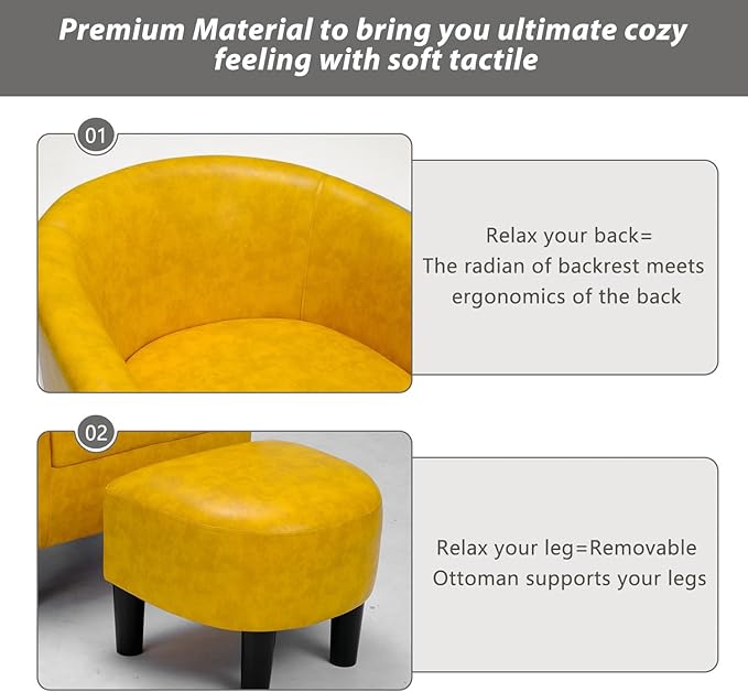 INZOY Modern Accent Chair with Ottoman for Small Space, Club Chair with Ottoman Set, Comfy PU Leather Barrel Reading Chairs for Living Room Bedroom, Round Reading Chair with Foot Rest, Yellow-Ruum Studio Home