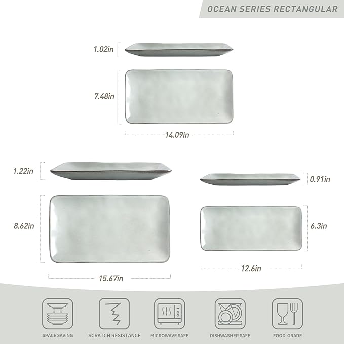 famiware Serving Platter, Rectangular 15.67/14.1/12.6inch Serving Dishes for Entertaining, Reactive Glaze, Stoneware Serving Trays for Party, Food, Turkey, Snack, Cheese, Ocean Series, Grey-Ruum Studio Home