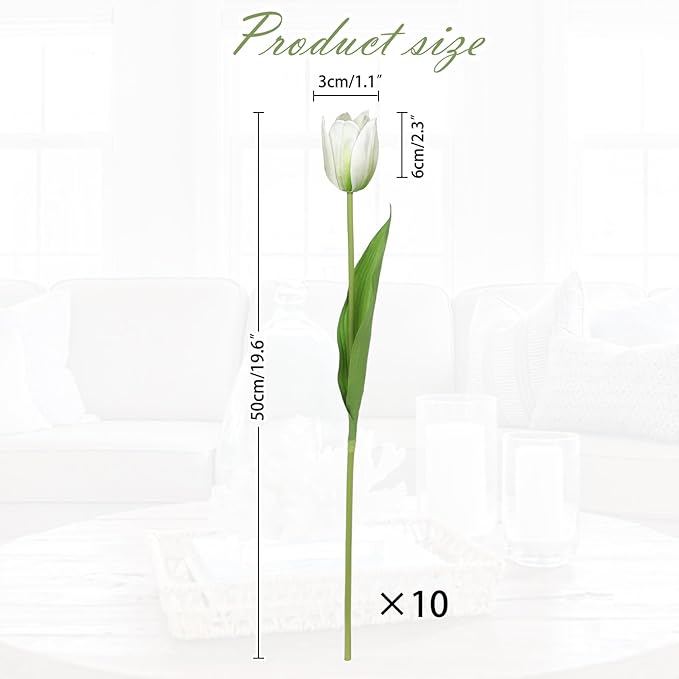Artificial Tulips Flowers – 20" Long Stem Faux Tulips, 10PCS Real Touch Fake White Tulip for Vase, Farmhouse, Kitchen, Spring & Wedding Home Decor-Ruum Studio Home