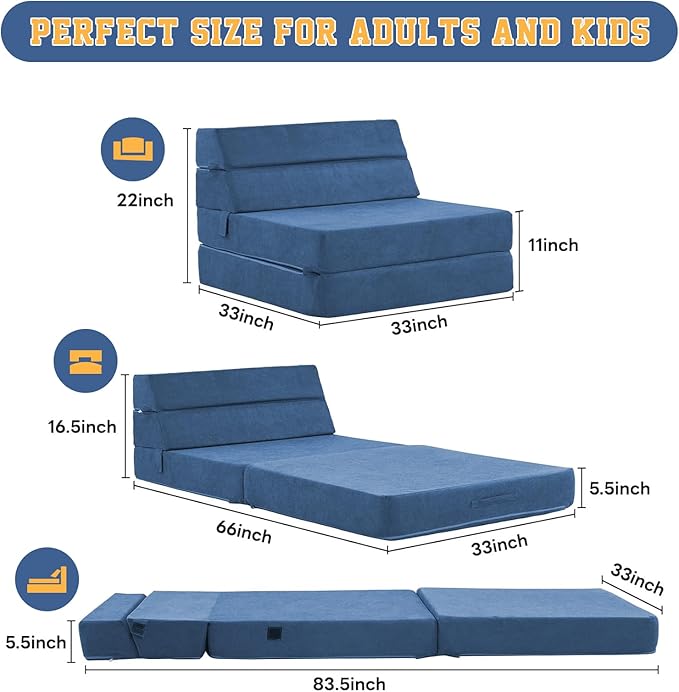 jela Foldable Sofa Bed Soft Foam Convertible Sleeper Chair Luxury Miss Fabric Fold Out Chair Bed Floor Couch with Back Support Floor Sofa for Living Room Bedroom (83"x33",Navy)-Ruum Studio Home
