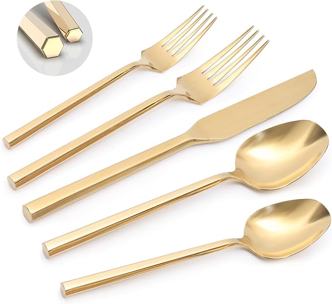 Gold 20 Piece Stainless Steel Silverware Set, Handle Flatware, Modern Mirror Finish Cutlery Set, Service for 4, Dishwasher Safe-Ruum Studio Home