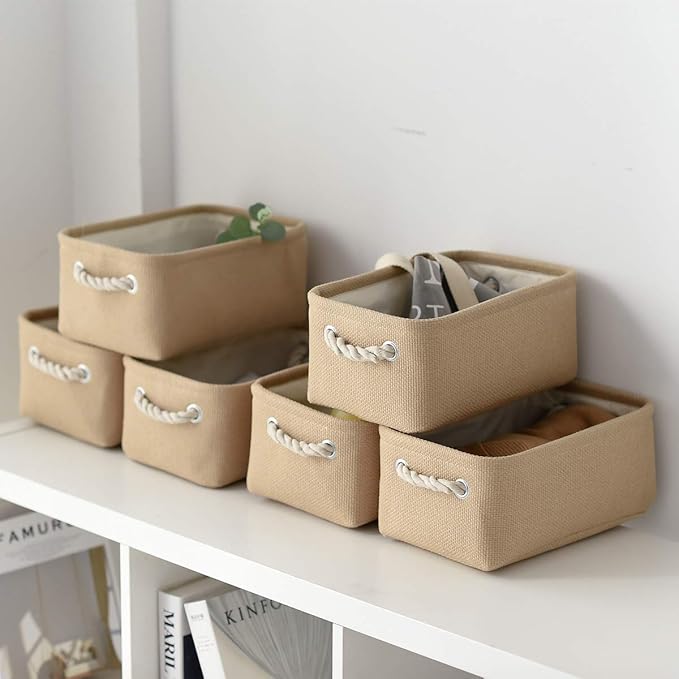 TheWarmHome Storage Basket for Organizing - Small 6 Pack 11.8x7.8x5.2 inch Fabric Storage Cubes with Cotton Rope Handle, Collapsible Storage Bins Baby Storage Toy Nursery (Beige)-Ruum Studio Home