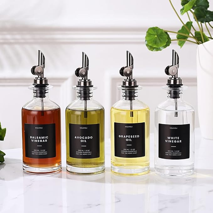 Molimoli Oil and Vinegar Dispenser with Metal Pour Spout, Weighted Pourer, Glass Bottle Dispenser for Kitchen, Olive Oil Cruet, Glass Olive Oil Bottle |350ml, Set of 2-Ruum Studio Home