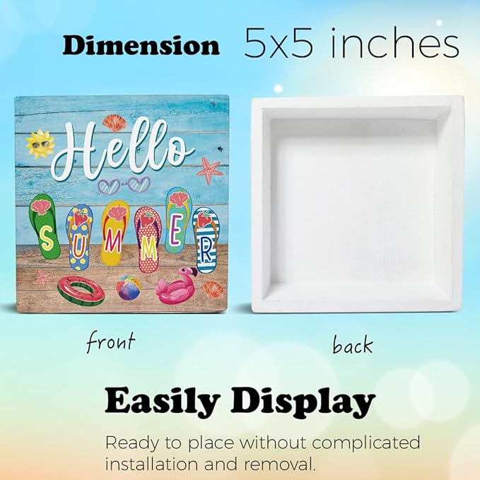 Summer Decor Hello Summer Decorations Flip Flop Wooden Sign Rustic Home Decor 5 x 5 Inches-Ruum Studio Home