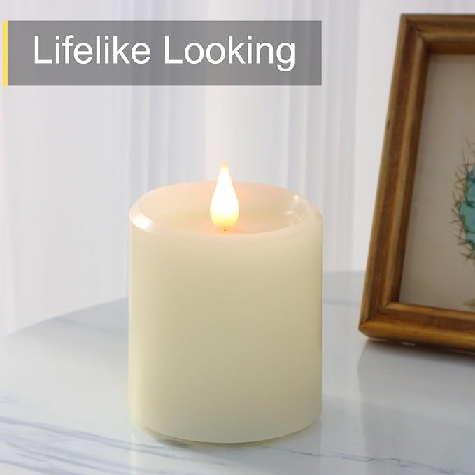 Flameless Candles Battery Operated with Remote Timer, 3D Moving Flame Flickering, Last 600+ Hours Battery Candles, Set of 3 Ivory Real Wax Electric LED Candle, 3" x 3"-Ruum Studio Home