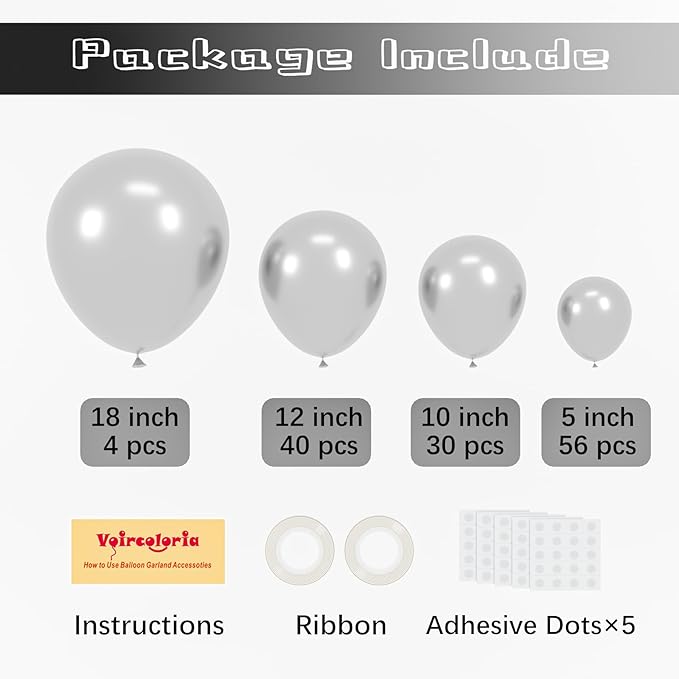 130pcs Metallic Silver Balloons Different Sizes 18" 12" 10" 5" Chrome Silver Balloon Garland Arch Kit for Graduation Birthday Baby Shower Wedding Anniversary New Year Party Decorations-Ruum Studio Home