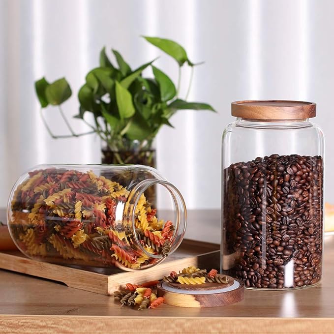 Large Glass Jar with Airtight Lid Set of 2 93 FL OZ(2750ml) glass canister set, Glass Food Containers Wooden Lid Suit for Kitchen Pantry for Flour, Tea, Coffee Beans, Sugar, Cookies(8.8 inch high)-Ruum Studio Home