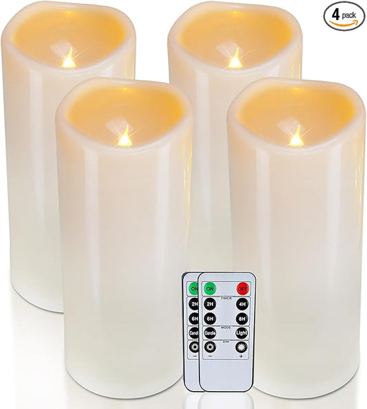 Homemory 4" x 10" Large Waterproof Outdoor Flameless Candles, Battery Operated LED Pillar Candles with Remote and Timers for Indoor Outdoor Lanterns, Long Lasting, Dark Ivory, Set of 4
