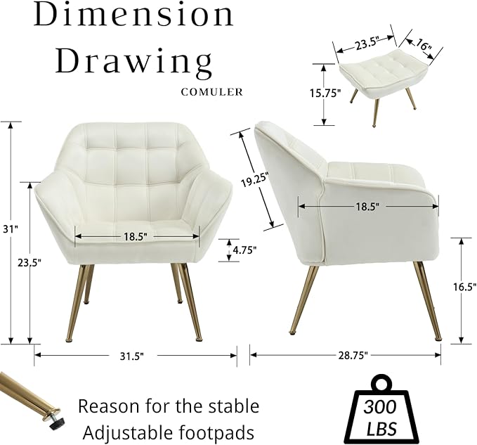 Beige Velvet Accent Chair with Ottoman ，Modern Reading Chair with Ottoman Set, Comfy Fuzzy Armchair Living Room Chair Lounge Chair with Metal Legs for Small Spaces Bedroom Apartment-Ruum Studio Home