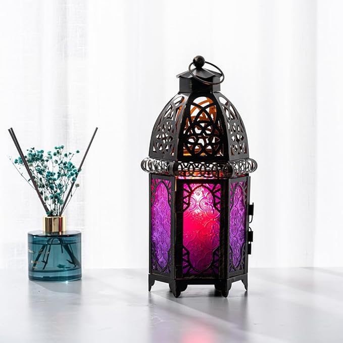 NEEDOMO Moroccan Candle Lantern, 12.8'' Hanging Lanterns Decorative Indoor Outdoor, Vintage Candle Holder for Chritsmas, Halloween, Table, Patio, Porch, Shelf, Gothic Home Decor (Purple)-Ruum Studio Home