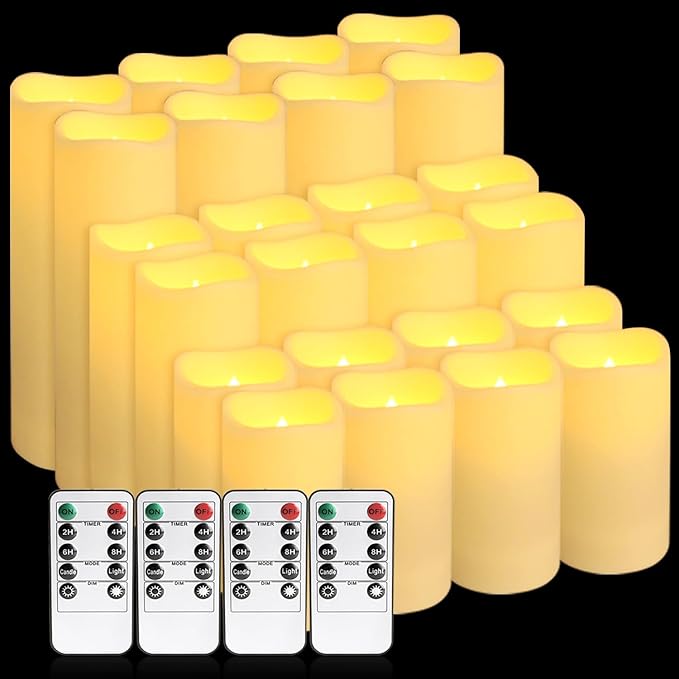 Set of 24 Waterproof Outdoor Flameless Candles,Realistic LED Candles with 4 Remote and Timer,(H 4" 5" 6" x D 2.2"),for Halloween Wedding Festival Decor.-Ruum Studio Home