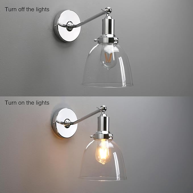 PERMO Industrial Vintage Wall Sconce Chrome Wall Sconce with 6.7" Oval Dome Clear Glass Shade Light Lamp Fixture-Ruum Studio Home