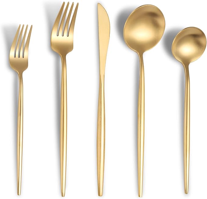Matte Gold Silverware Set for 4,Modern Stainless Steel Brushed Cutlery Set,20-Pieces Heavy Duty Flatware Set,Knives Spoons and Forks Set Utensils Set, Satin Finish, Dishwasher Safe-Ruum Studio Home