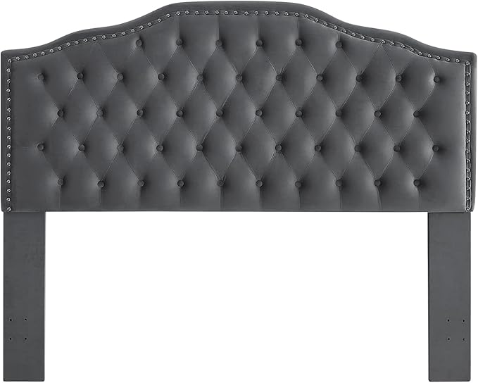 24KF Upholstered Button Tufted Queen/Full Size Headboard with Nailhead Trim, Soft Velvet Fabric - Dark Gray-Ruum Studio Home