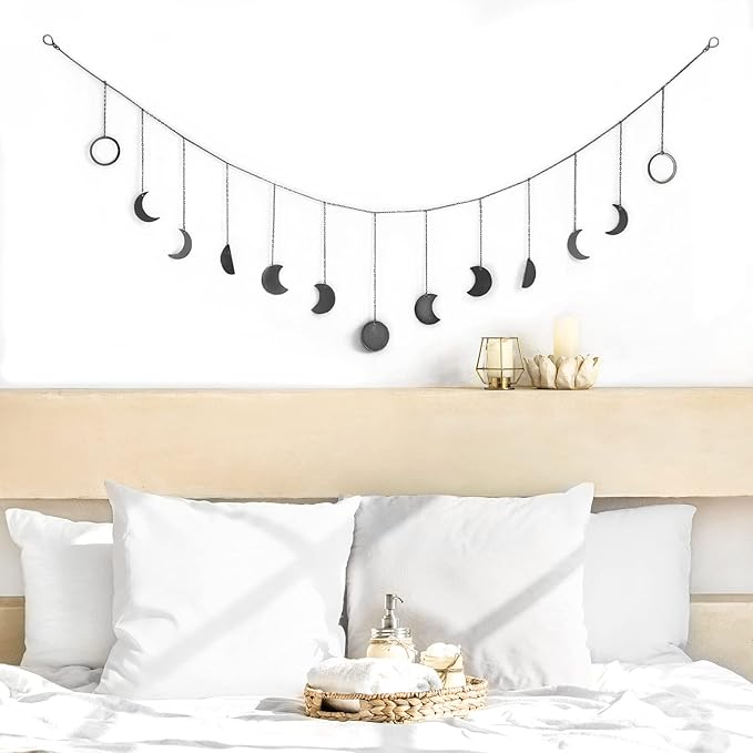Mkono Moon Phase Wall Hanging Boho Aesthetic Room Decor Metal Moons Garland Hanging Art Bohemian Home Decoration for Girls Room Nursery Bedroom Livingroom Dorm, Ideal, Black, 55"-Ruum Studio Home