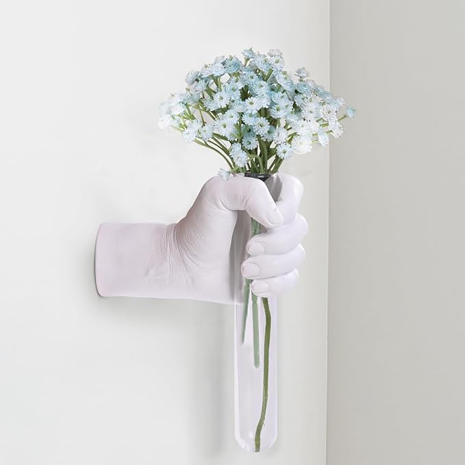 Creative Wall Hanging Sculpture, Funky White Hand Vases Home Decor, Artistic Hanging Hand Sculptures with Test Tube Vases, Unique Wall Art Statue-Ruum Studio Home
