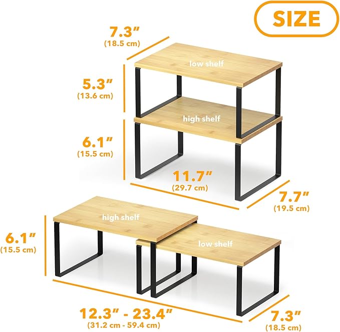 SpaceAid Cabinet Shelf Organizers 2 Pack, Kitchen Counter Rack Shelves Riser, Stackable Expandable Spice Rack, Pantry Cupboard Storage Organization (Black and Natural, Short)-Ruum Studio Home