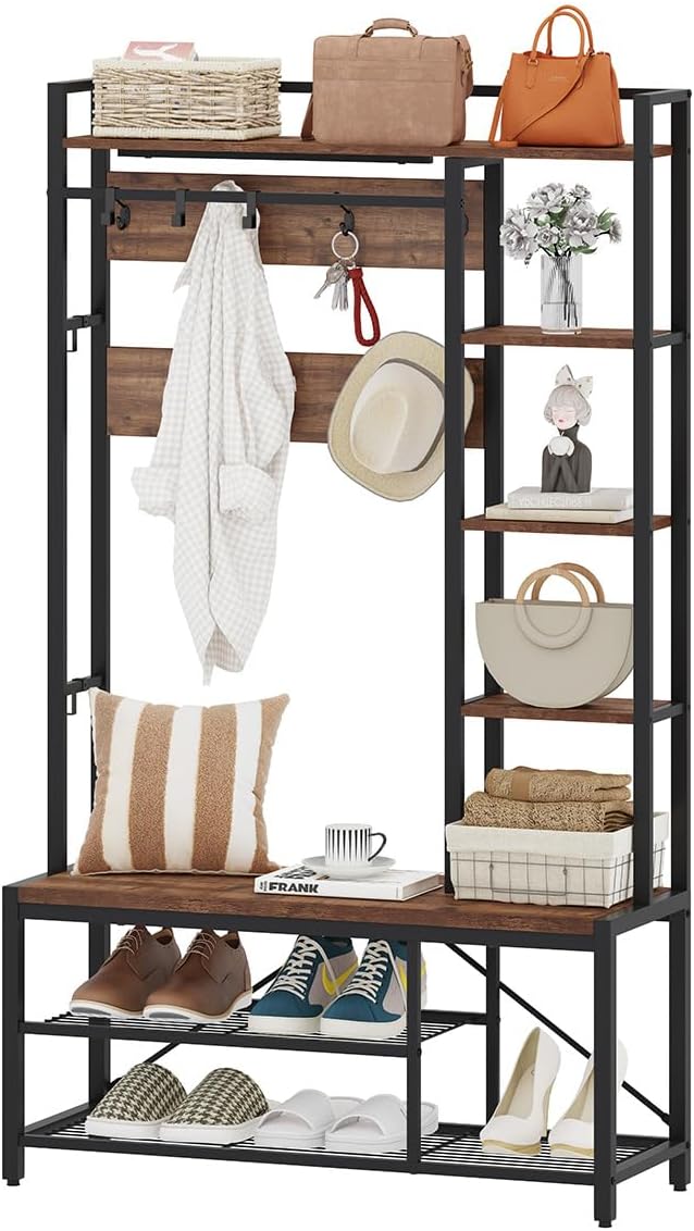BON AUGURE Hall Tree with Shoe Storage, 5-in-1 Reversible Entryway Bench with Coat Hooks for Hallway, Rustic Wood and Metal Coat Rack with Shelves for Mudroom (Rustic Oak)-Ruum Studio Home