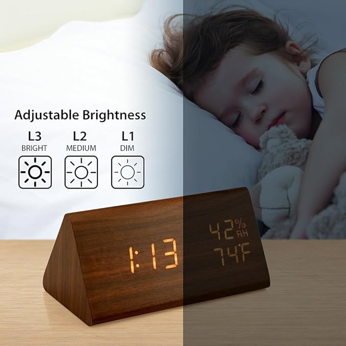 OCT17 Wooden Alarm Clock, Smart LED Digital Clock for Bedroom/desks, Upgraded with Time Temperature, Adjustable Brightness and Voice Control, Humidity Displaying - Brown-Ruum Studio Home