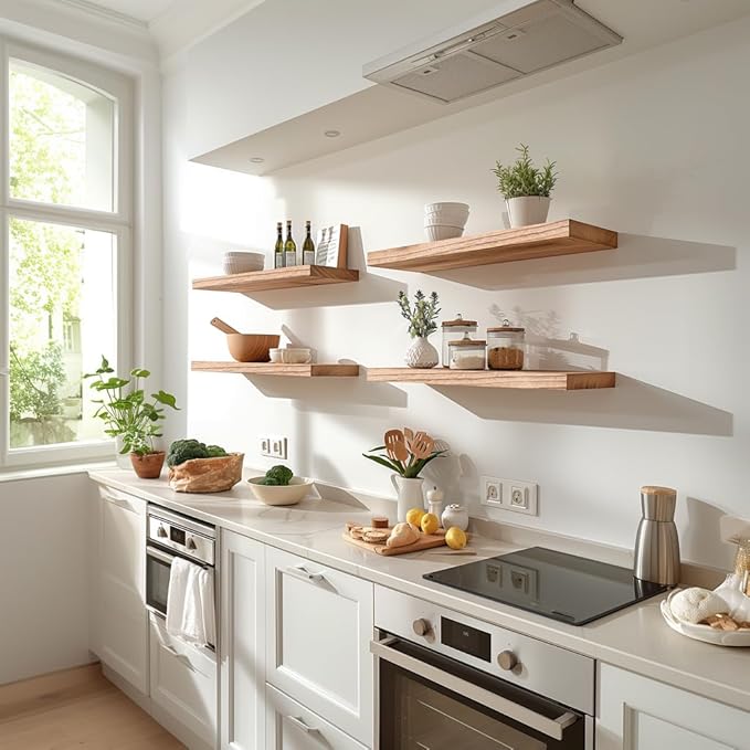 Light Wood Floating Shelves for Wall Rustic Wall Shelves for Bedroom Set of 6-Ruum Studio Home