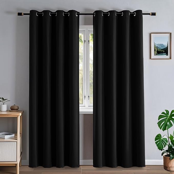 Blackout Curtains 90 Inch Length for Bedroom, Thermal Insulated Blackout Curtains 2 Panels Set, Solid Grommet Privacy Room Darkening Drapes for Living Room Windows(W52 x L90, Black)-Ruum Studio Home