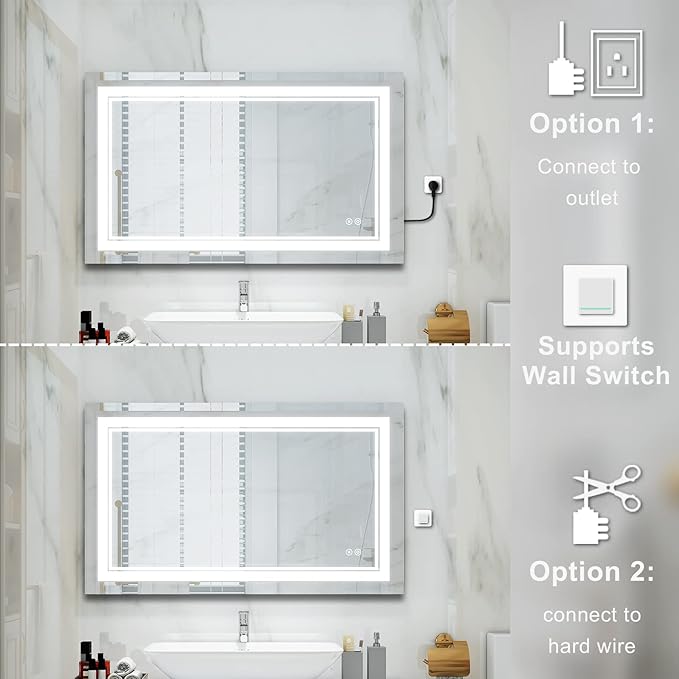 WELLFOR LED Bathroom Vanity Mirror 40 x 24 Inch, Lighted Anti-Fog Dimmable Mirror, IP44 Waterproof Wall Mounted Makeup Mirror, Packed with US Standard Plug and Touch Switch, (Horizontal/Vertical)-Ruum Studio Home