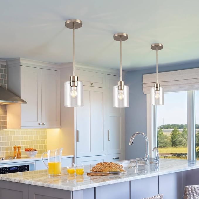 Brushed Nickel Pendant Lights,Modern Farmhouse Pendant Light,Light Fixture Kitchen Pendant Mini Hanging Light for Sink Island,Adjustable Height,Home Décor Lighting(Brushed Nickel 1 pack Stem Rod)-Ruum Studio Home