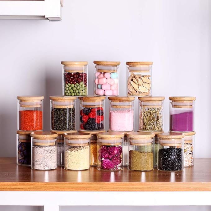 Spice Jar Set,2.5oz 20 Piece Glass Jar with Bamboo Airtight Lids and Labels, Mini Clear Food Storage Containers for pantry, kitchen canisters for Tea, Herbs, Sugar, Salt, Coffee-Ruum Studio Home