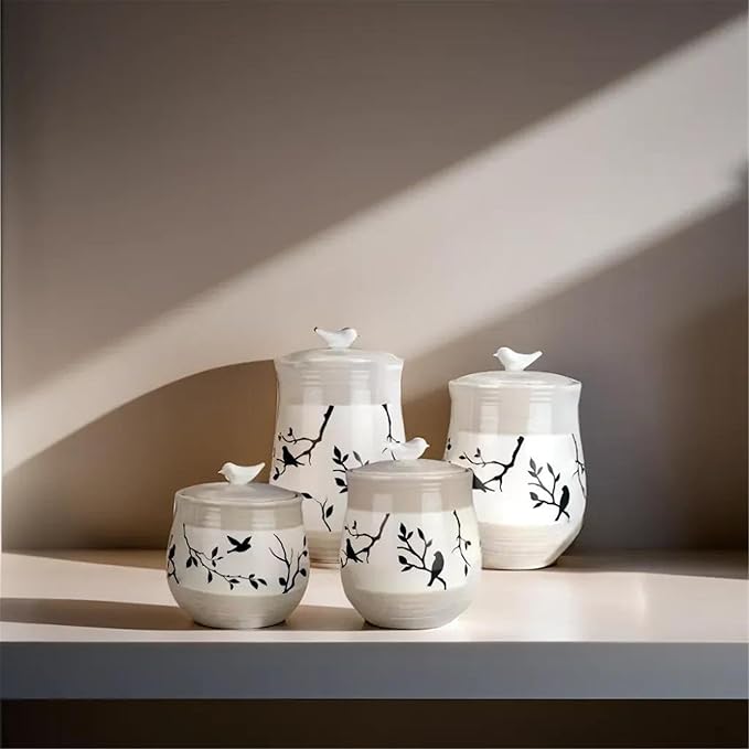 Young's Inc. 4 Pcs Set Botanical Ceramic Canisters- Storage Container for Kitchen and Bathroom - Beautiful Home Decor Accent to Store Food, Coffee, Tea, and More - Brown, White-Ruum Studio Home