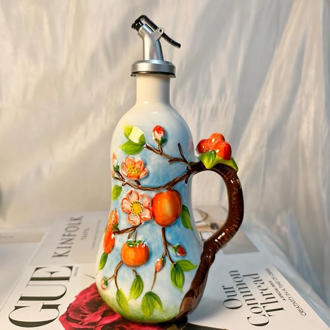 18 Oz Hand Painted Relief Ceramic Olive Oil Bottle Dispenser for Kitchen, Oil and Vinegar Bottle, Seasoning Bottle with Stainless Steel Nozzle, 540mL Oil Container with Handle for Cooking, Light Proof-Ruum Studio Home