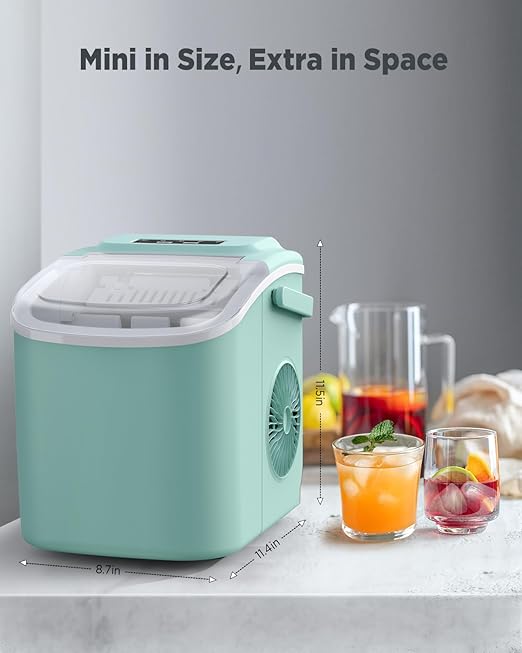 Silonn Countertop Ice Maker, 9 Cubes Ready in 6 Mins, 26lbs in 24Hrs, Self-Cleaning Ice Machine with Ice Scoop and Basket, 2 Sizes of Bullet Ice for Home Kitchen Office Bar Party, Green-Ruum Studio Home