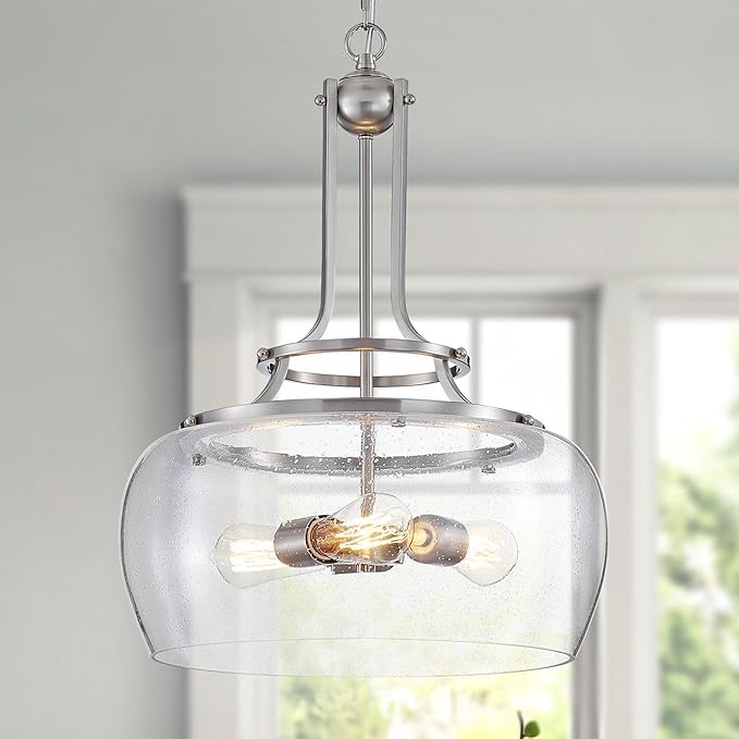 WUZUPS Chandelier Rustic Farmhouse Industrial Round Ceiling Pendant LED Light Fixture Clear Seeded Glass Shade for Dining Room Kitchen Island Foyer Entryway, H 20.9" x W 15.9", Brushed Nickel-Ruum Studio Home